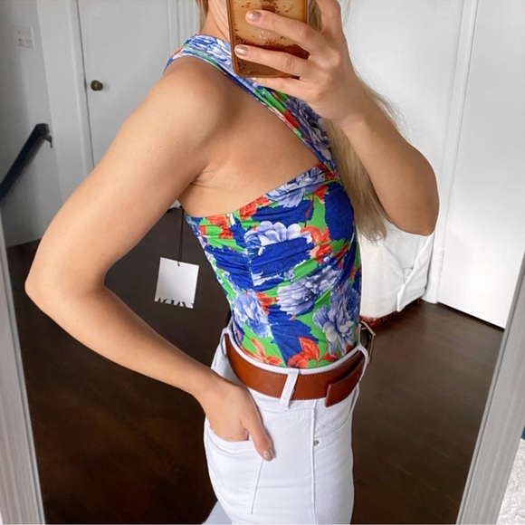 ZARA BLUE MULTI FLORAL ASYMMETRICAL BODYSUIT! - Picture 9 of 10